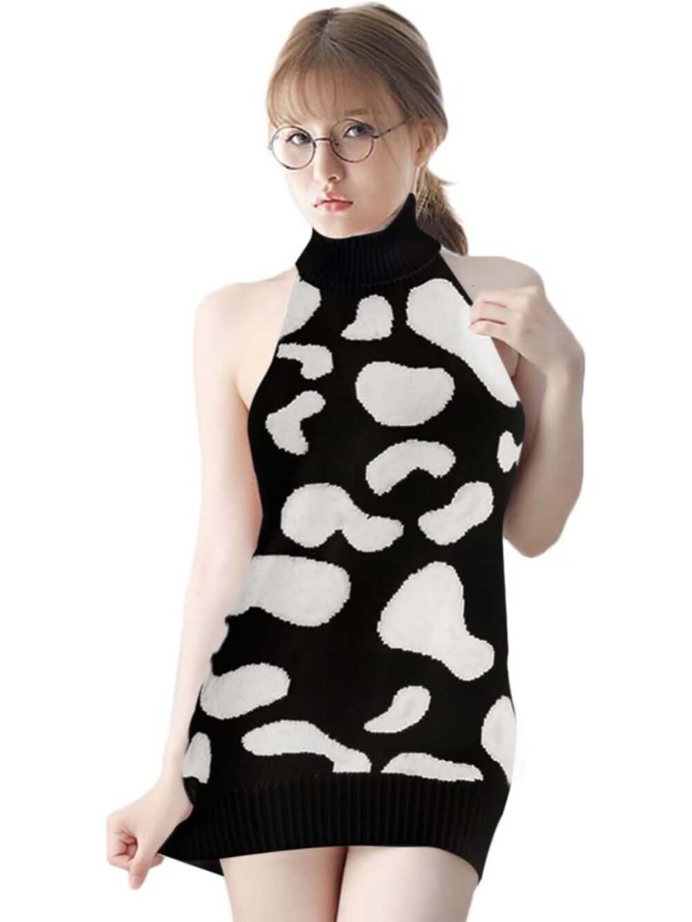 Women's Black Cow Backless TurtleNeck Cosplay Virgin Killer Knit Tank Top